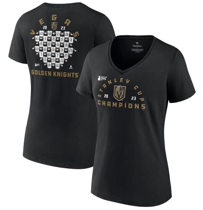 Women's Black Vegas Golden Knights 2023 Stanley Cup Champions Jersey Roster V-Neck T-Shirt